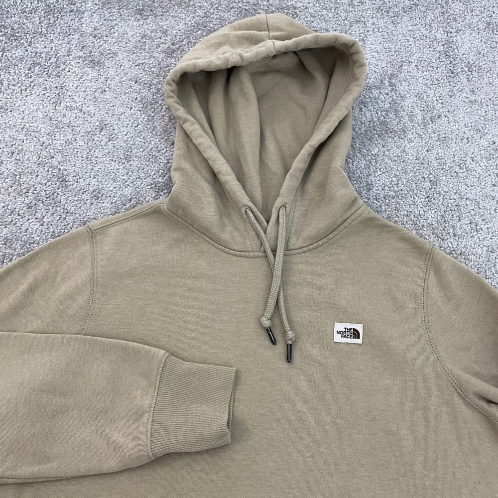 North Face Hoodie Womens Small Fleece Pullover Tan Khaki Patch Logo Cotton Blend